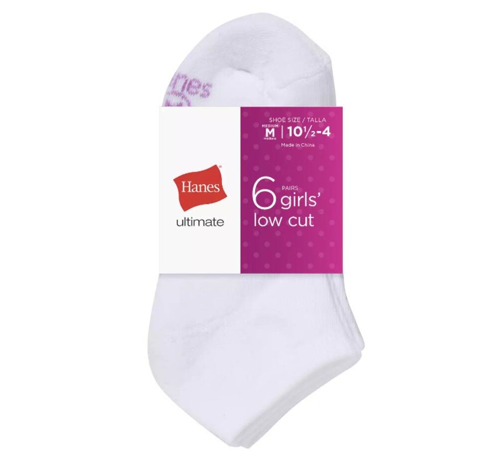Girls Hanes Ultimate 6 Pack Low Cut Socks White Medium Fits Shoe Size 10.5-4 NEW